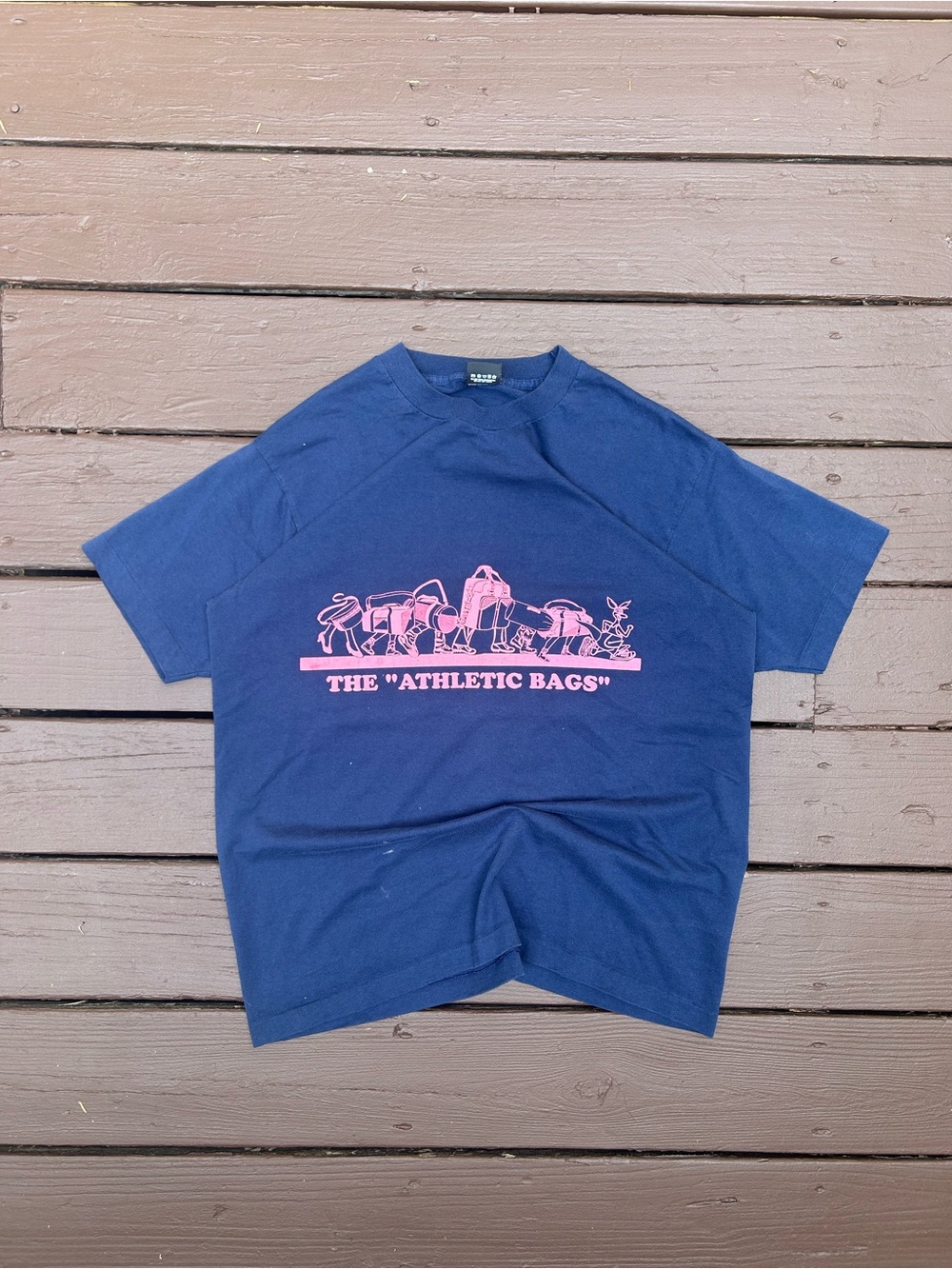 90’s vintage Navy Graphic Tee with Pink Print - "The Athletic Bags"